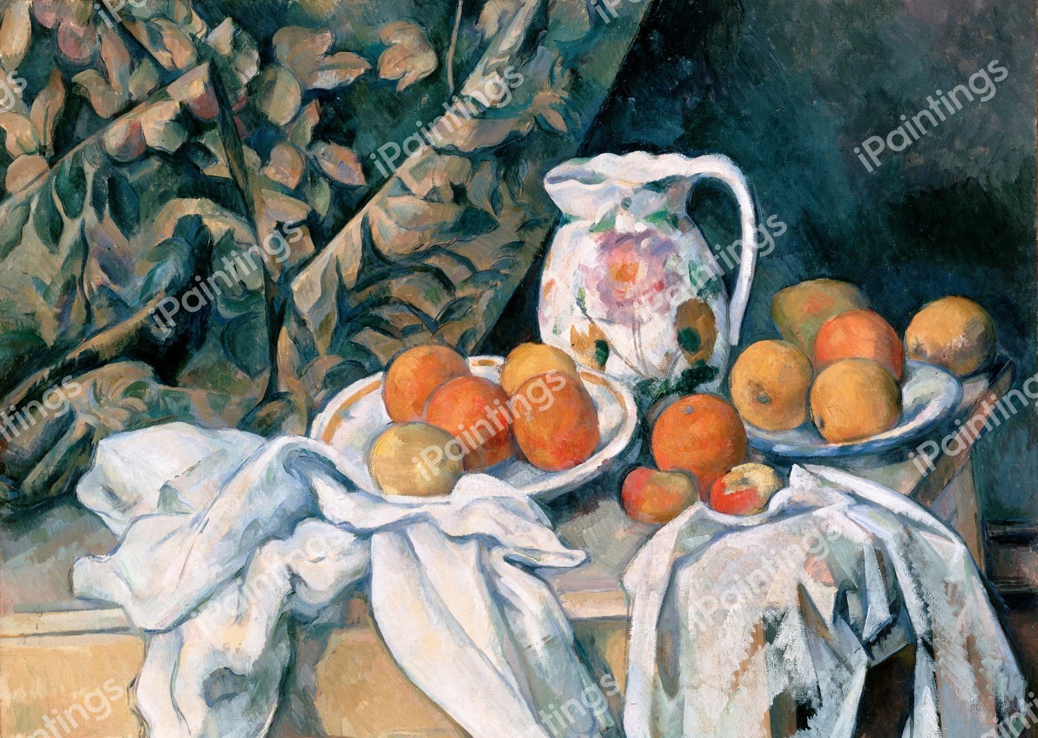 A Still Life with a Curtain. The painting by Paul Cezanne