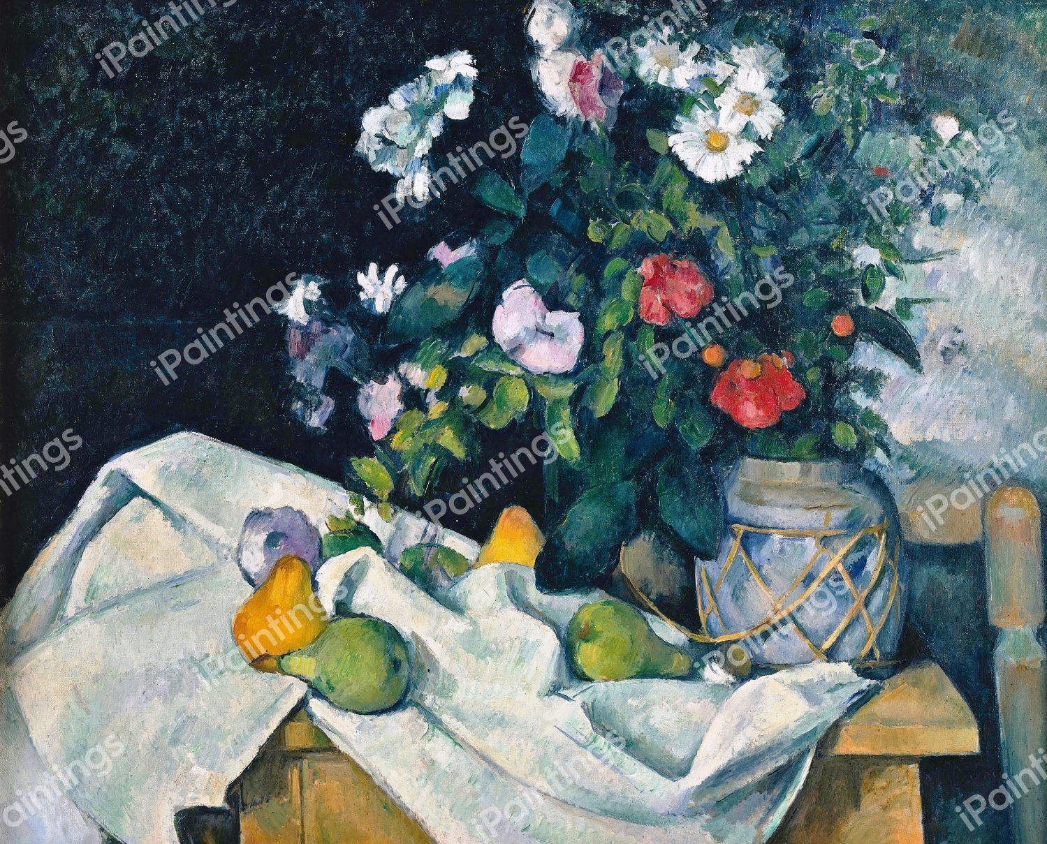 A Still Life with Flowers and Fruit. The painting by Paul Cezanne