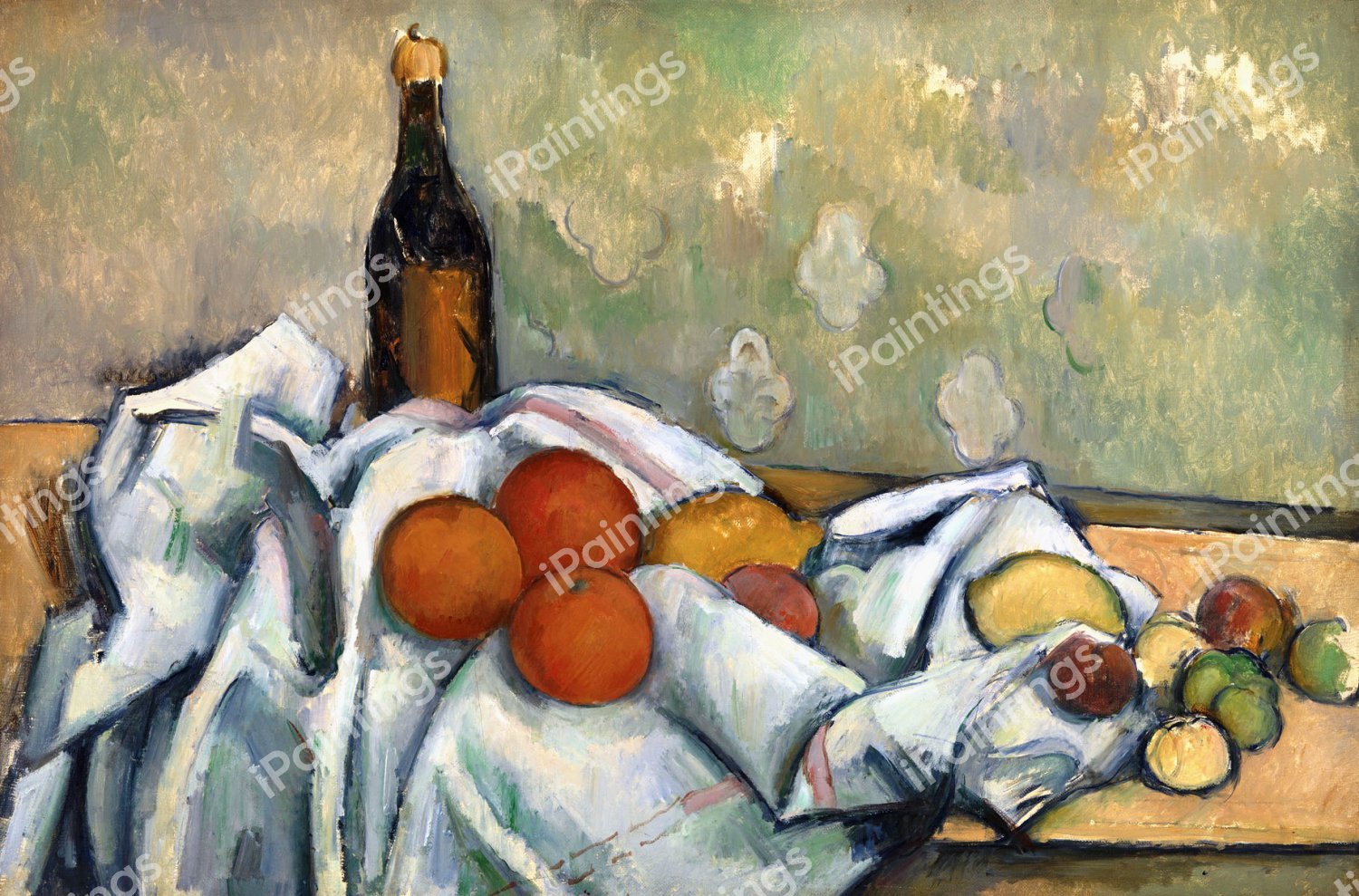 Bottle and Fruit. The painting by Paul Cezanne