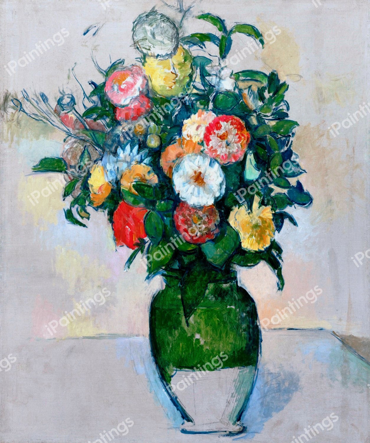 Bouquet of Flowers in a Olive Jar. The painting by Paul Cezanne