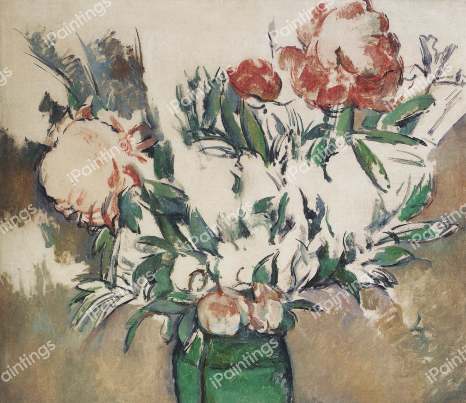 Bouquet of Peonies in a Green Jar. The painting by Paul Cezanne