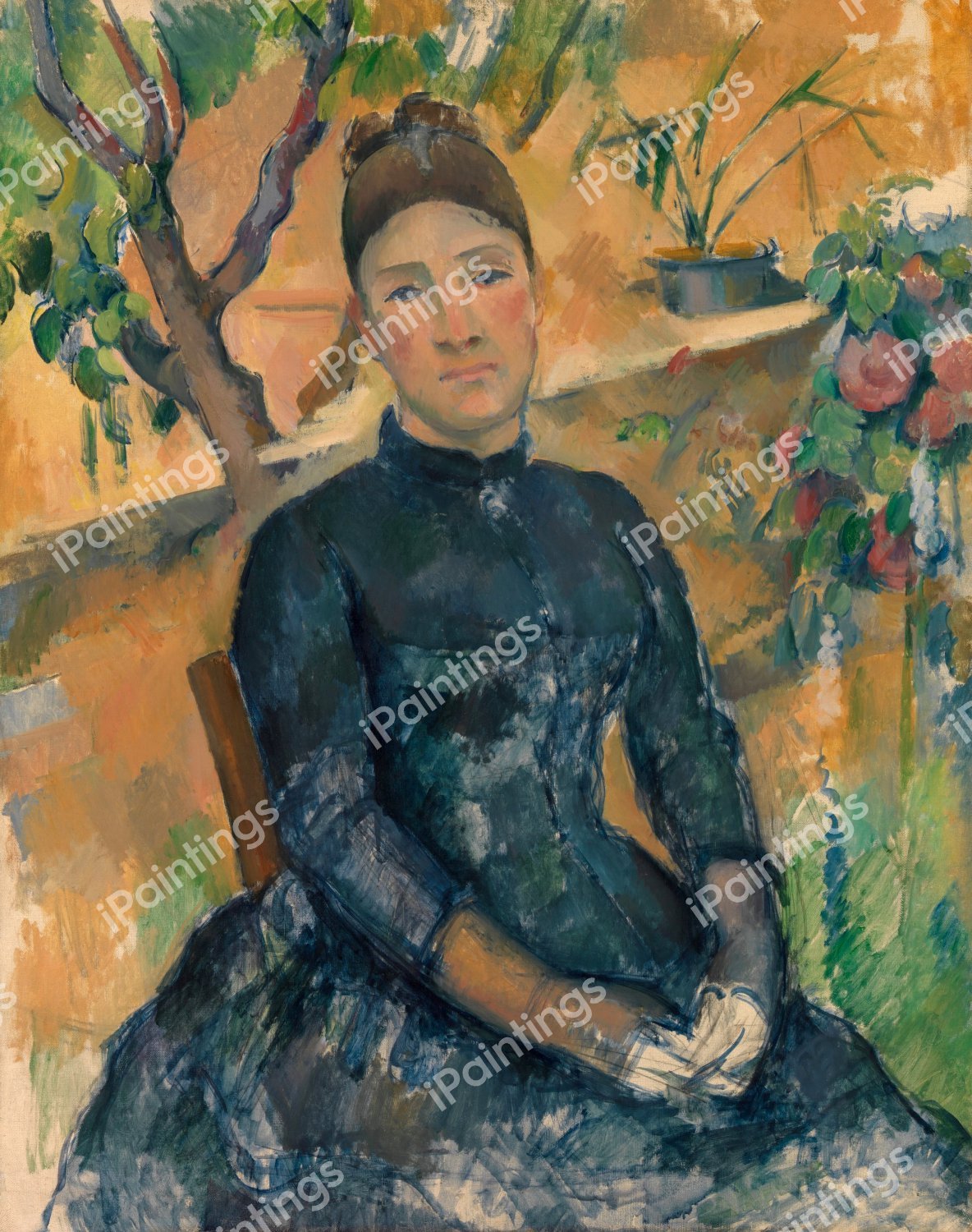 Madame Cezanne (Hortense Fiquet) in the Conservatory. The painting by Paul Cezanne