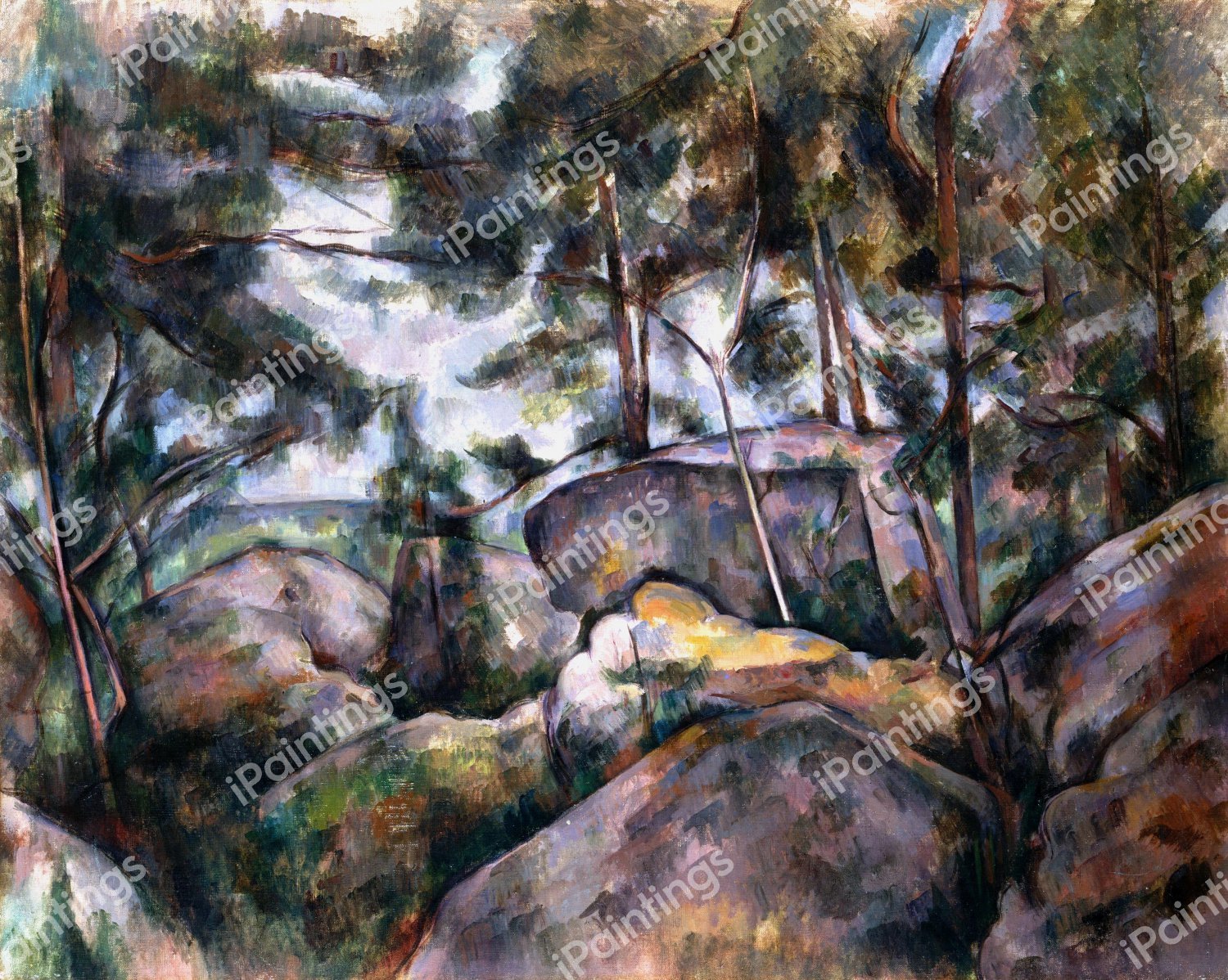 Rocks in the Forest. The painting by Paul Cezanne