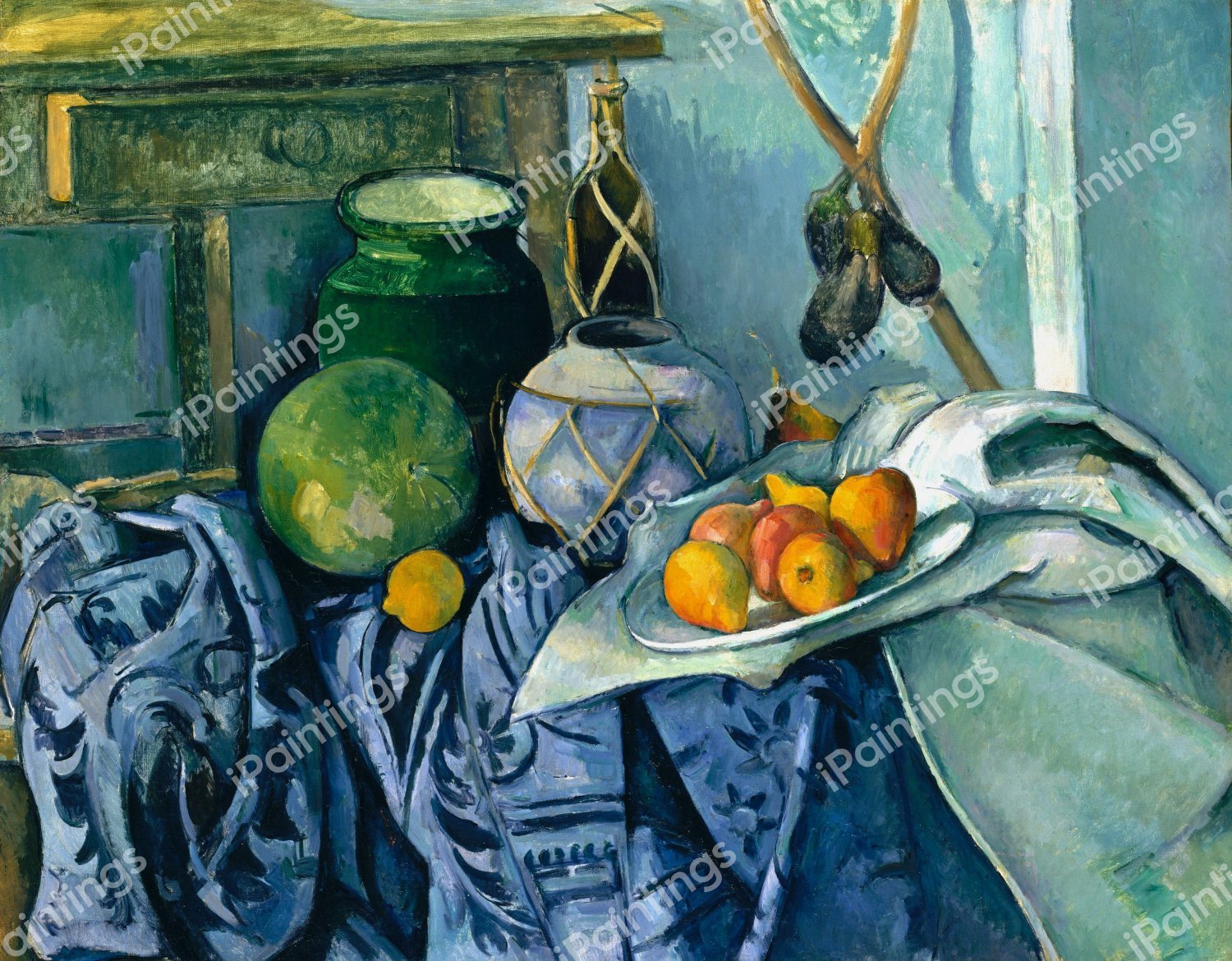 Still Life with a Ginger Jar and Eggplants. The painting by Paul Cezanne