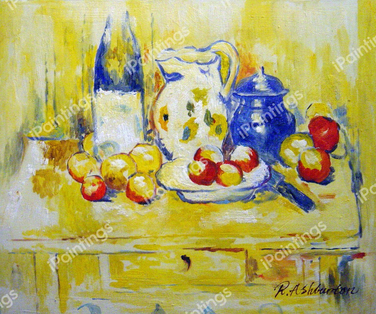 Still Life with Apples, A Bottle, And A Milk Pot. The painting by Paul Cezanne
