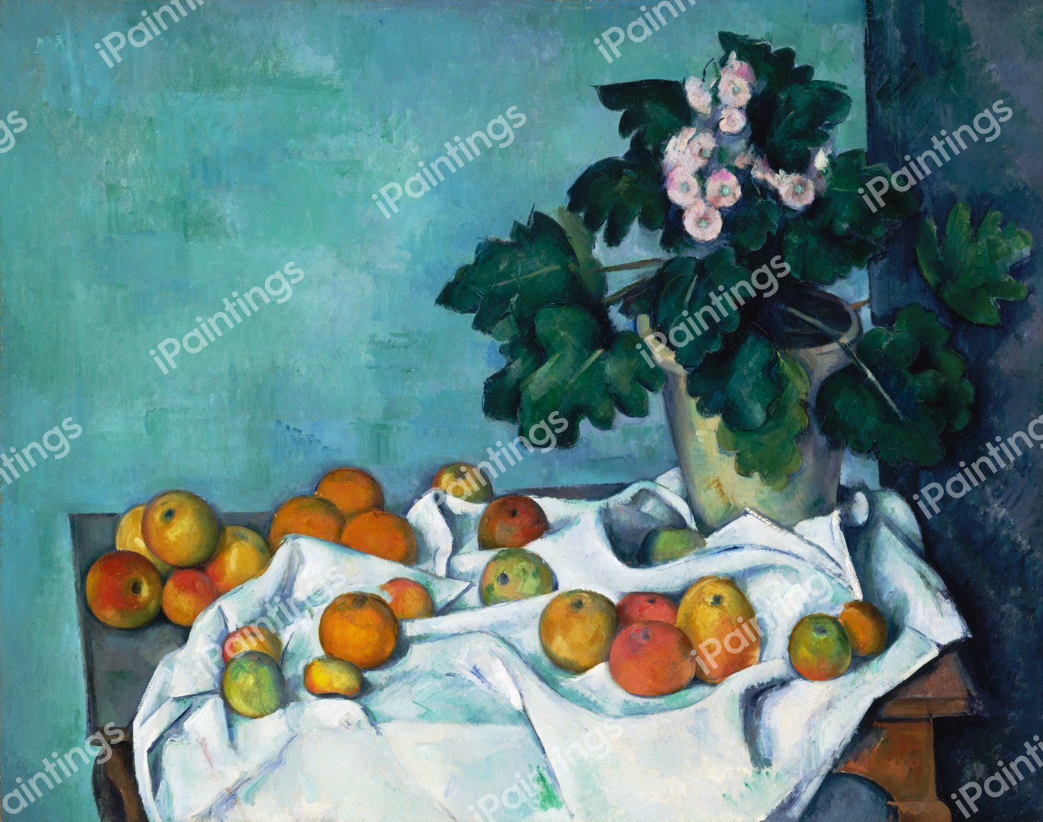Still Life with Apples and a Pot of Primroses. The painting by Paul Cezanne