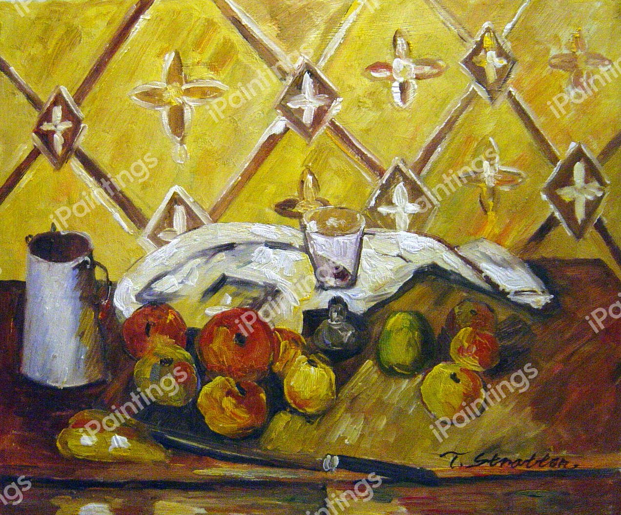 Still Life With Fruits, Napkin And Milk Can. The painting by Paul Cezanne