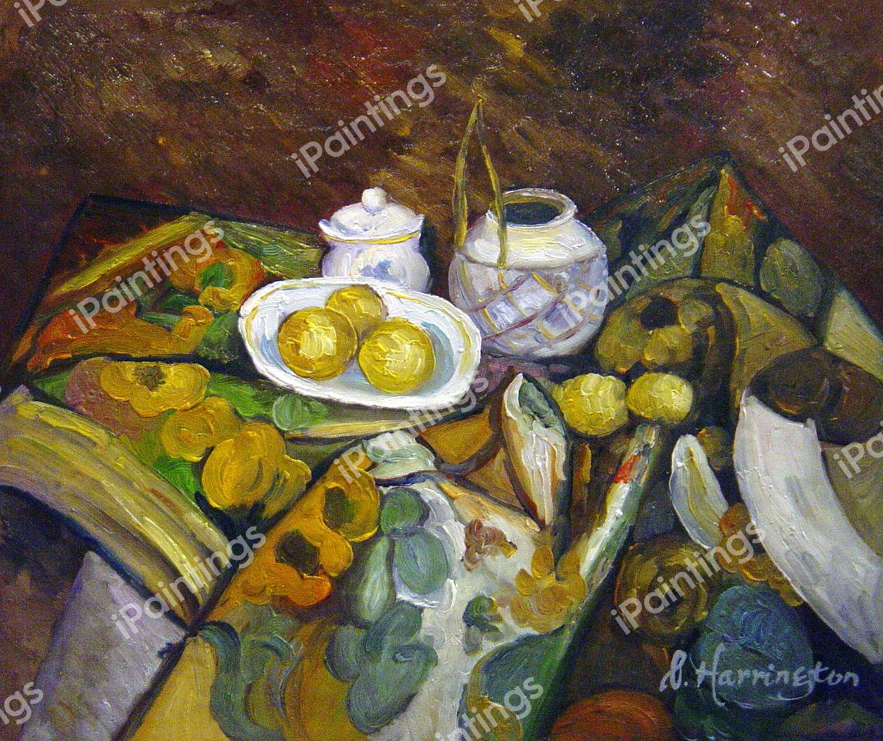 Still Life With Ginger Jar, Sugar Bowl, And Oranges. The painting by Paul Cezanne