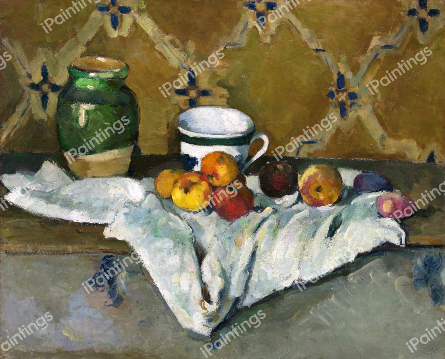 Still Life with Jar, Cup, and Apples. The painting by Paul Cezanne
