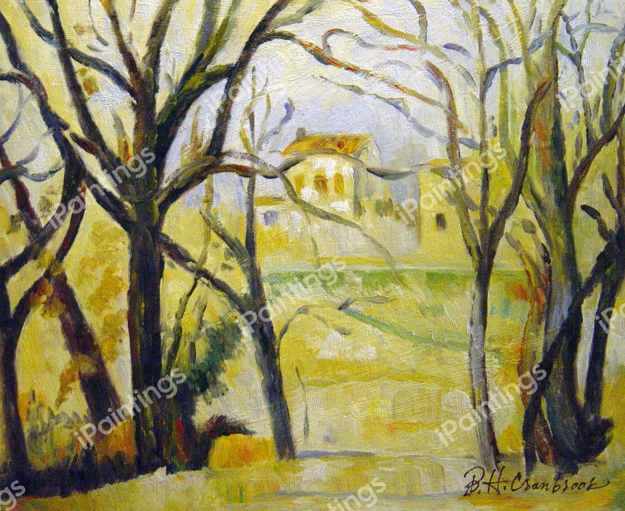 Trees And Houses. The painting by Paul Cezanne