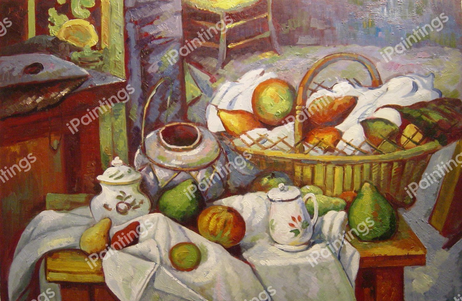 Vessels, Basket And Fruit. The painting by Paul Cezanne