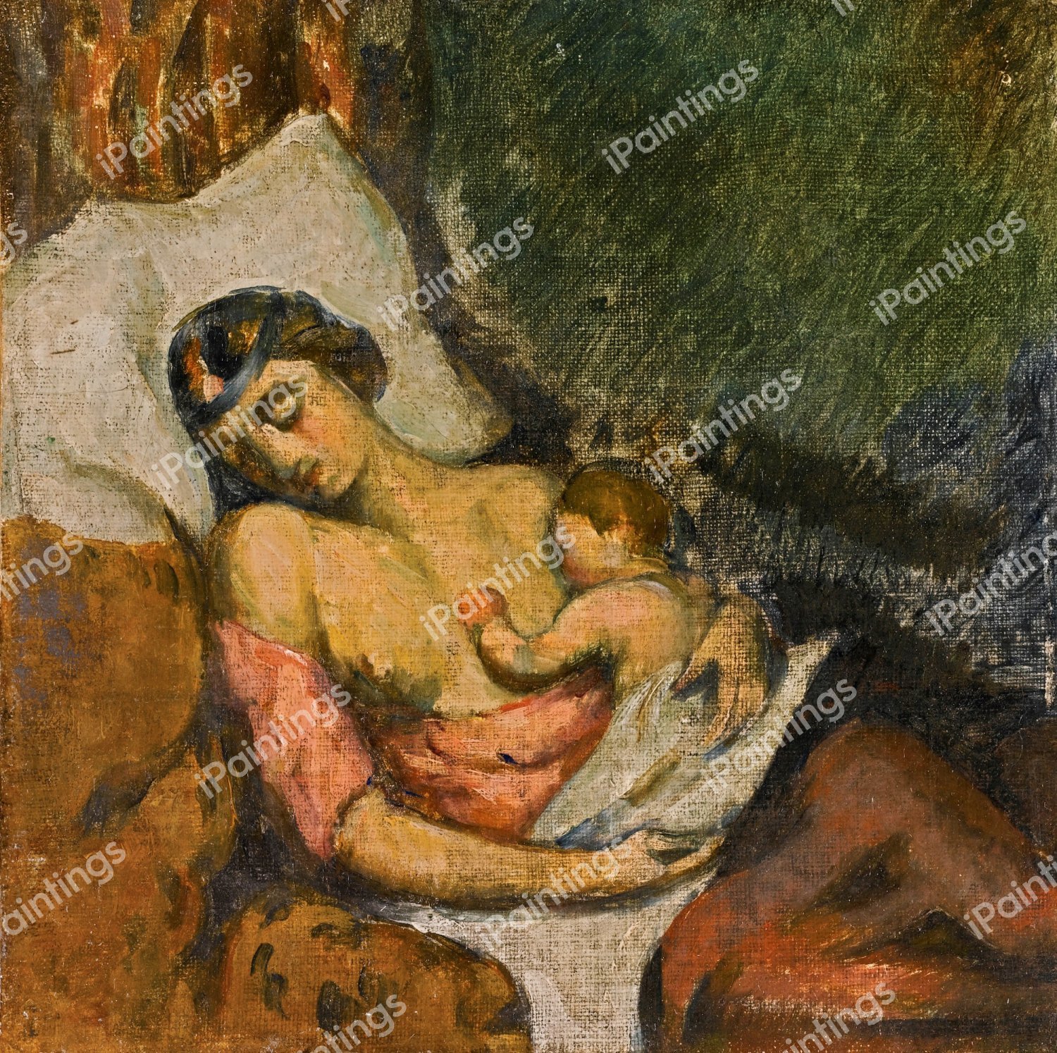 Woman Nursing her Child. The painting by Paul Cezanne