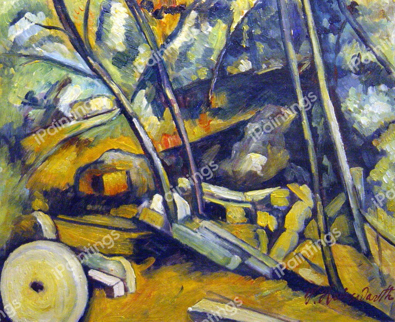 Woods With Millstone. The painting by Paul Cezanne