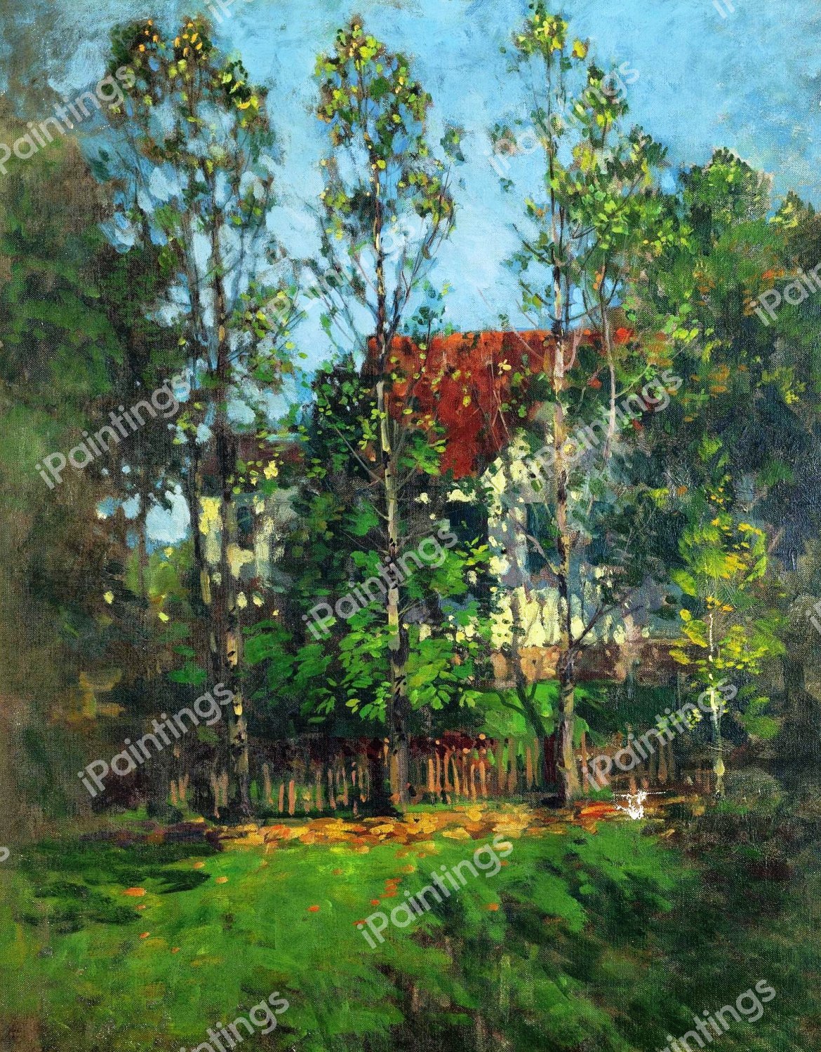 Red Roof in the Trees. The painting by Paul Cornoyer