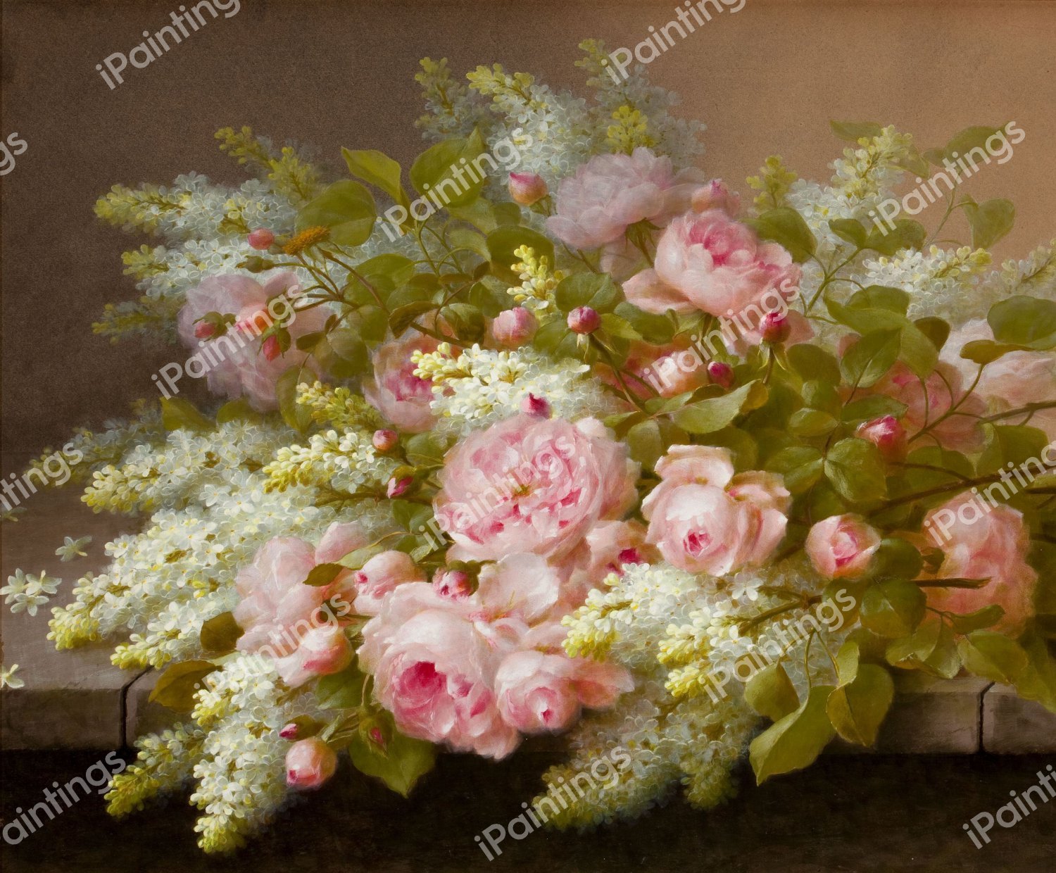 Pink Roses and Lilacs. The painting by Paul De Longpre