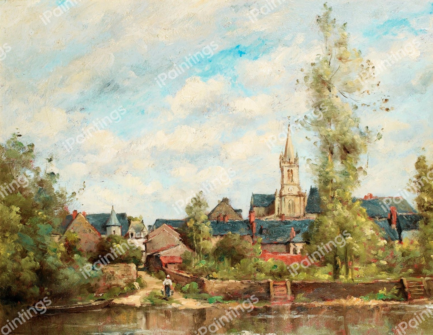 Village by the River. The painting by Paul-Desire Trouillebert