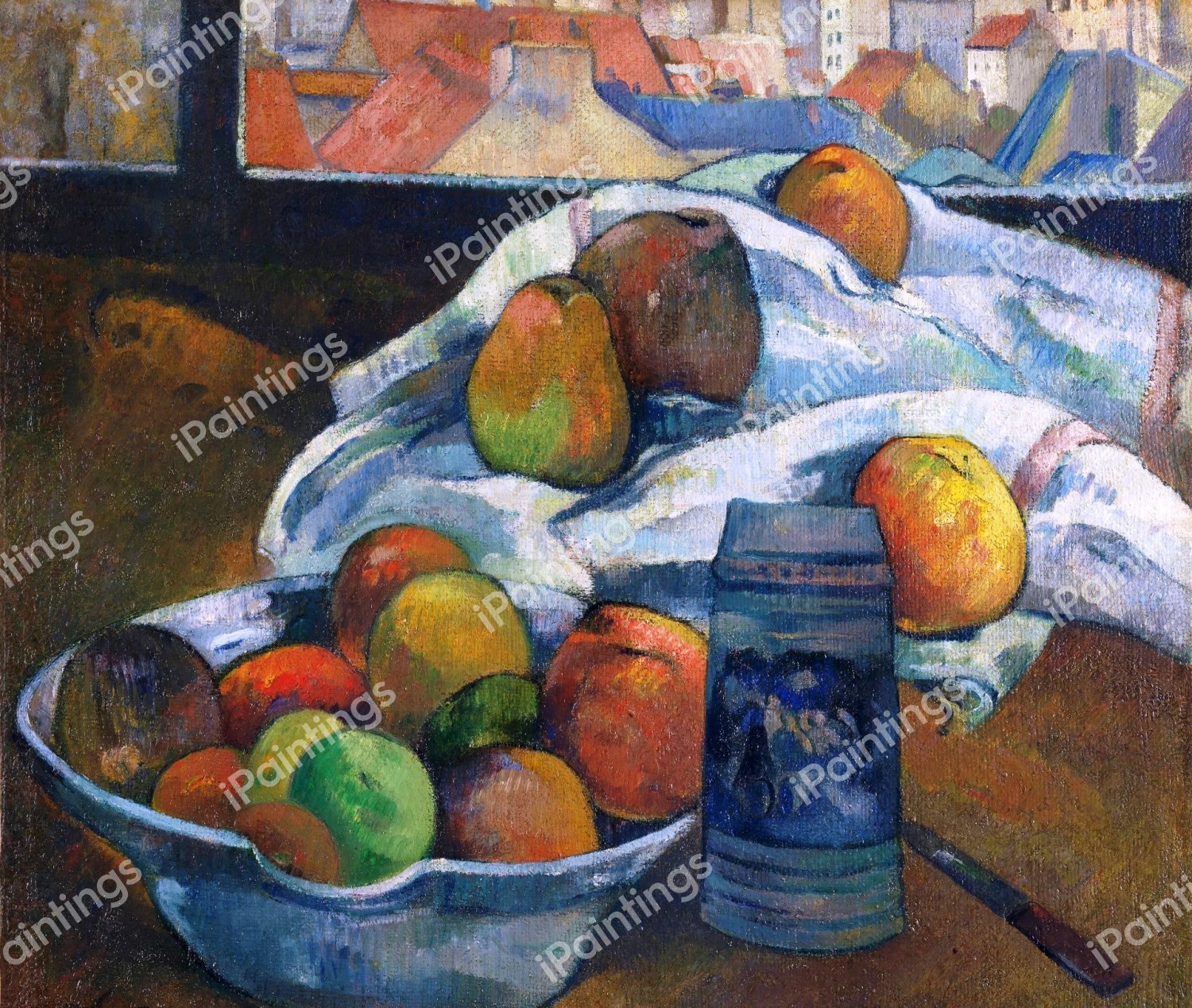 Bowl of Fruit and Tankard before a Window. The painting by Paul Gauguin
