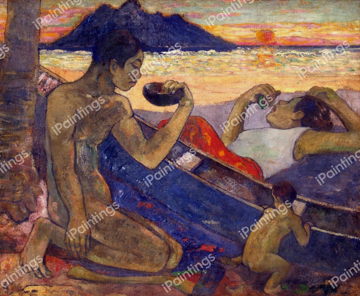 Canoe, Tahitian Family (Te Vaa). The painting by Paul Gauguin
