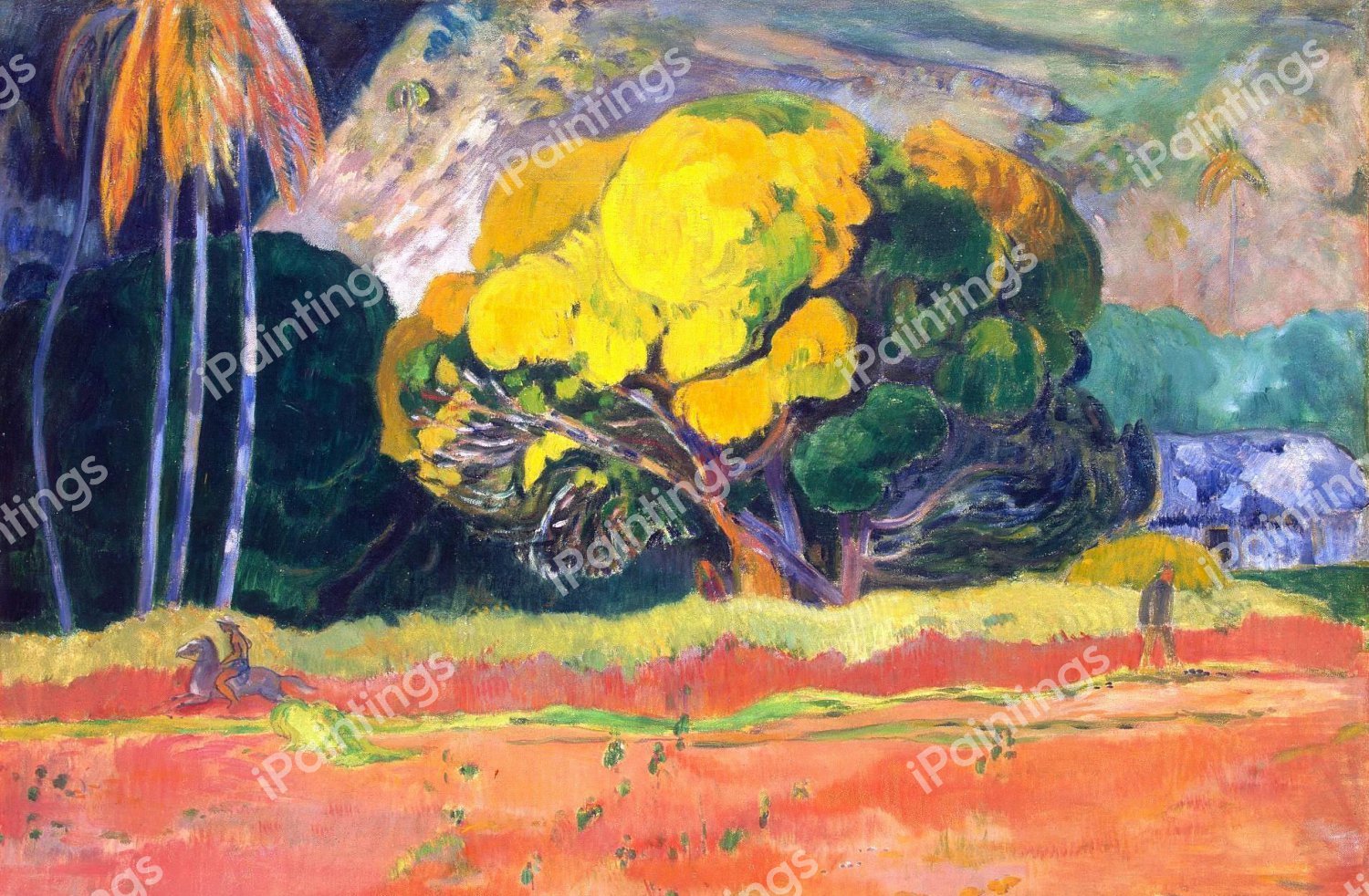 Fatata Te Moua, at the Foot of the Mountain . The painting by Paul Gauguin