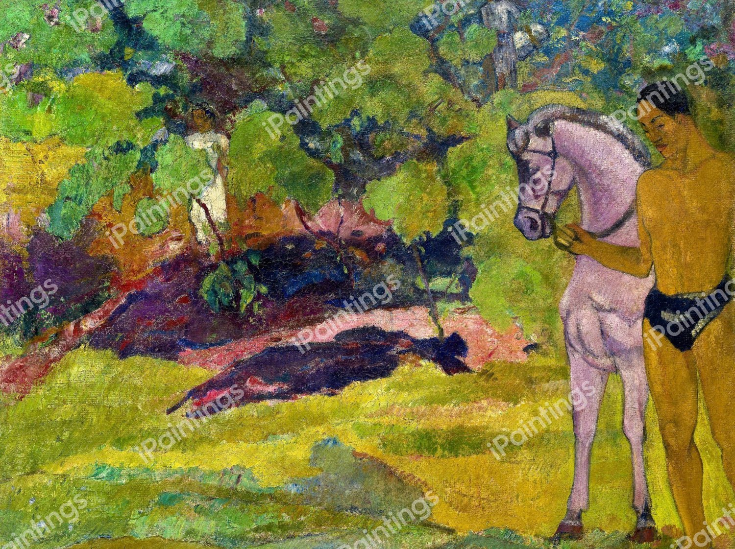 In the Vanilla Grove, Man and Horse. The painting by Paul Gauguin