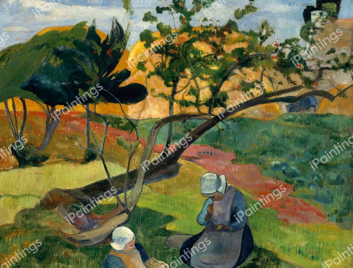 Landscape with Two Breton Women. The painting by Paul Gauguin