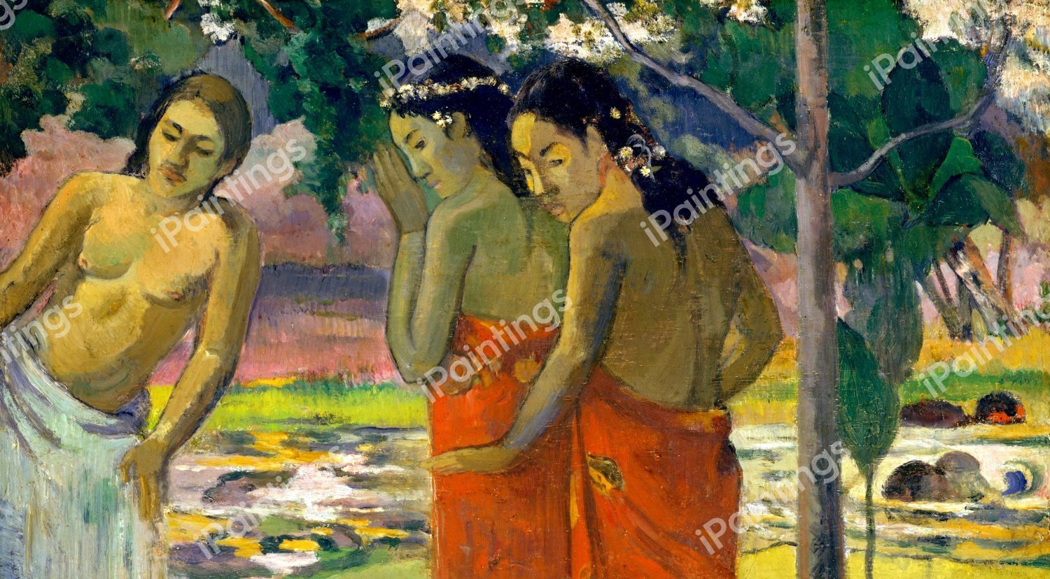 Looking at Three Tahitian Women. The painting by Paul Gauguin