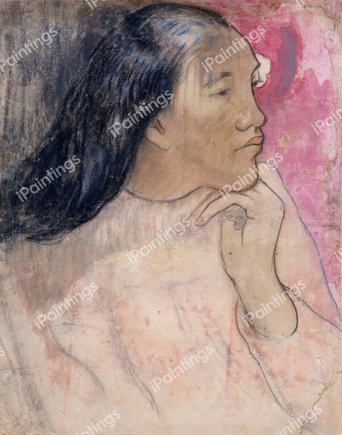 Tahitian Woman with a Flower in Her Hair. The painting by Paul Gauguin