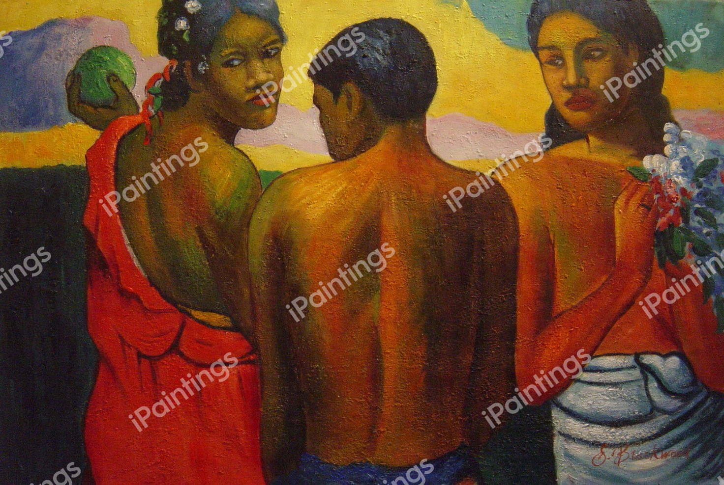 Three Tahatians. The painting by Paul Gauguin