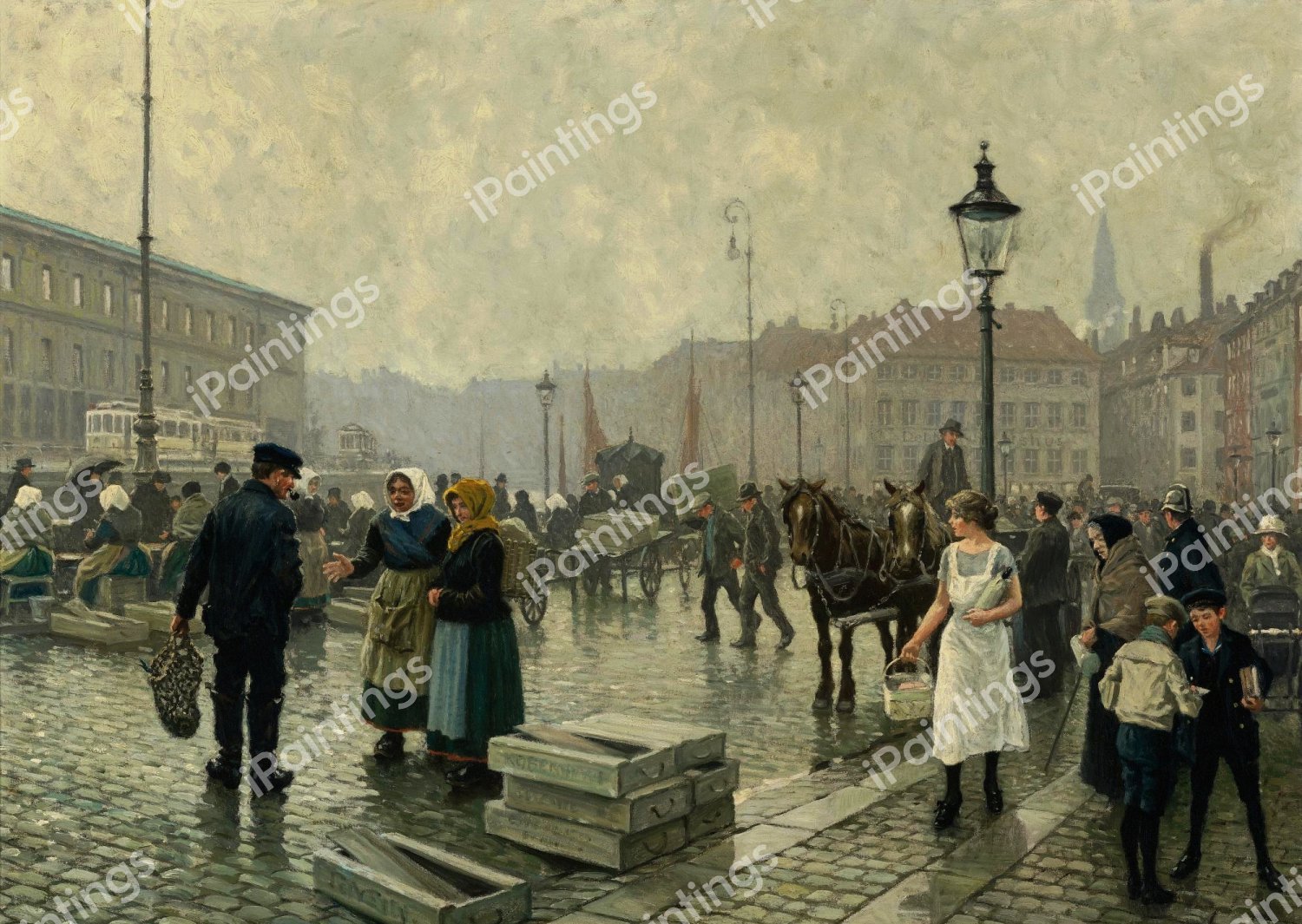 The Fish Market at Gammelstrand, Copenhagen, 1919. The painting by Paul Gustave Fischer