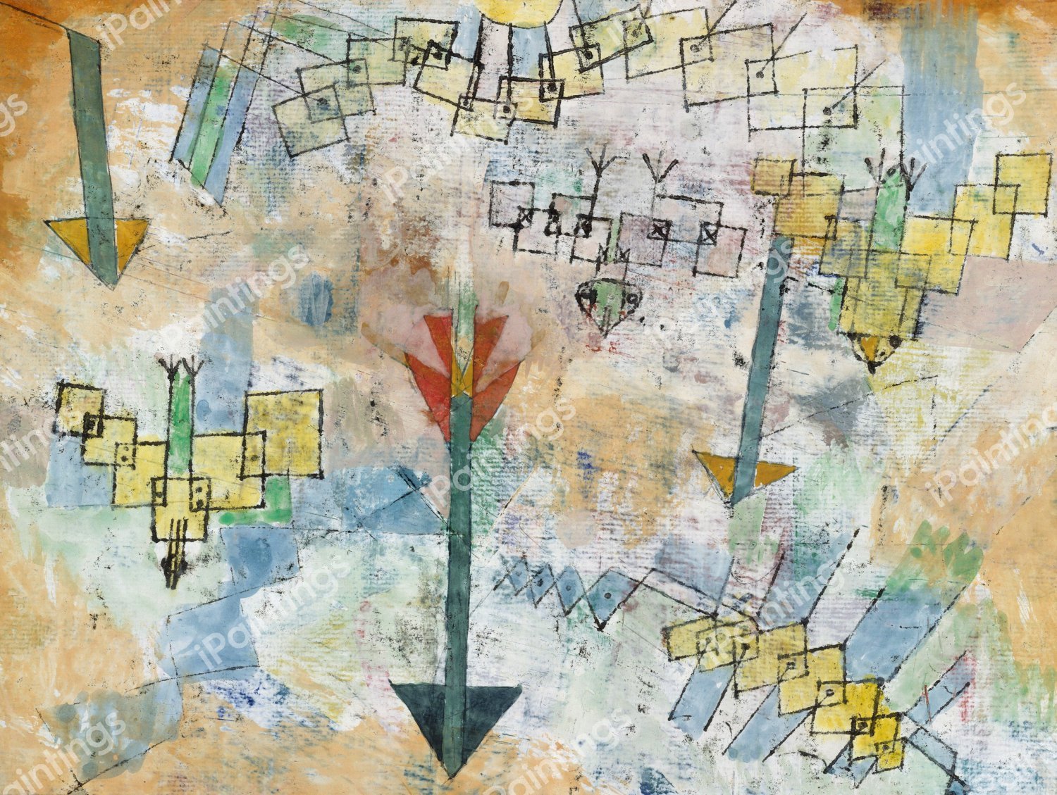 Birds Swooping Down and Arrows, 1919. The painting by Paul Klee