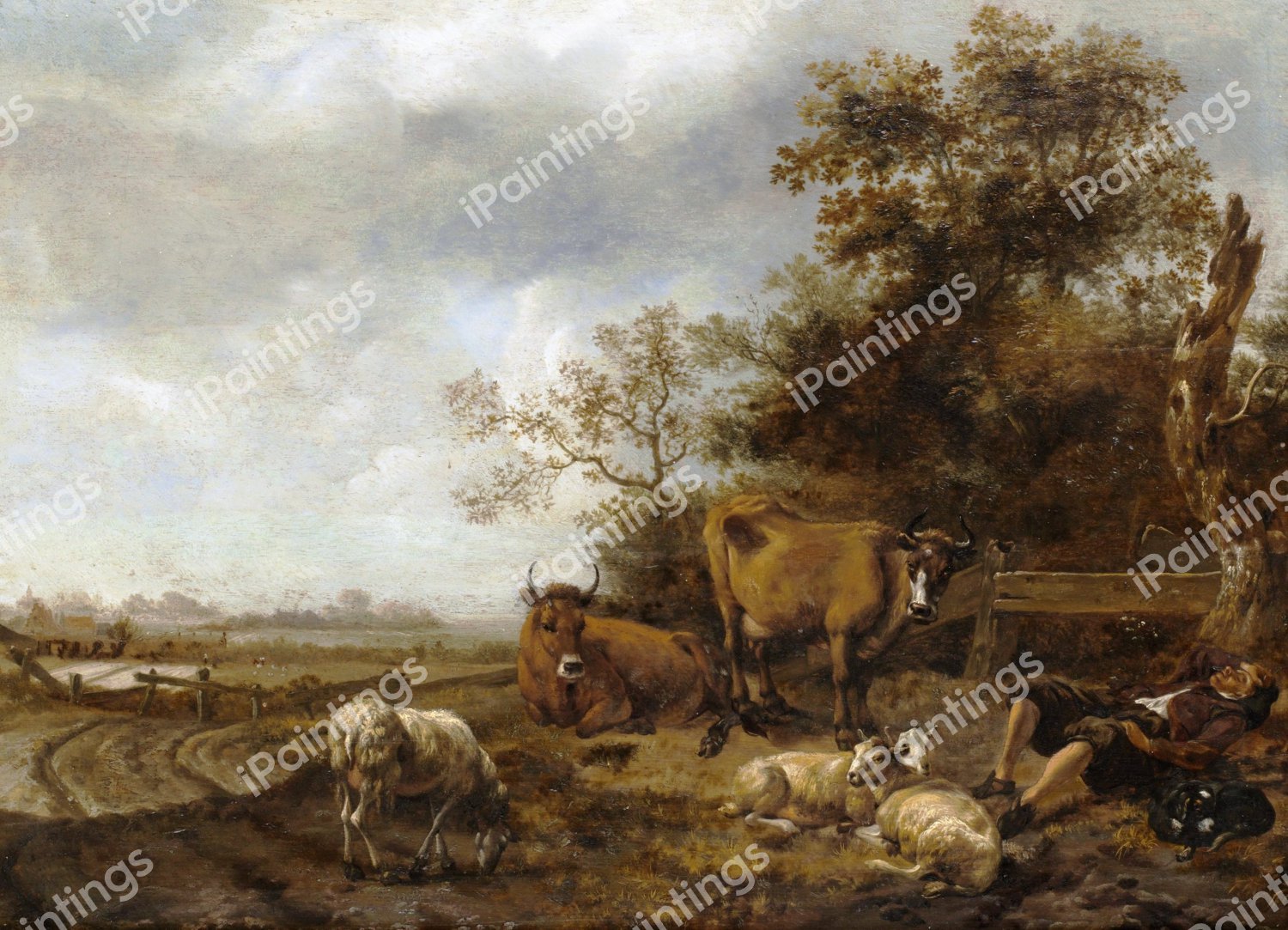 Peasant Resting near his Cows and Sheep in a Wooded Landscape . The painting by Paulus Potter