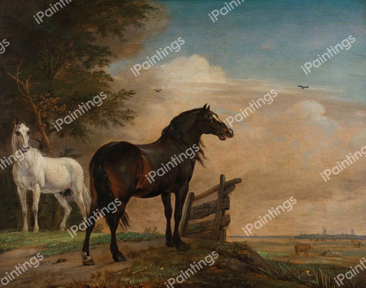 Two Horses in the Meadow. The painting by Paulus Potter