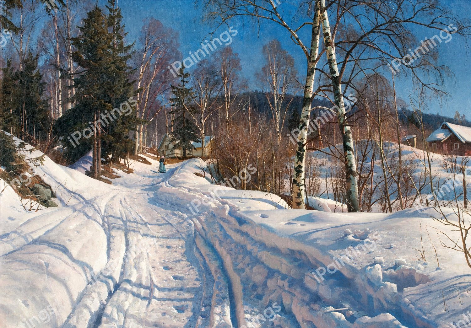 A Sunlit Winter Landscape, 1919. The painting by Peder Mork Monsted