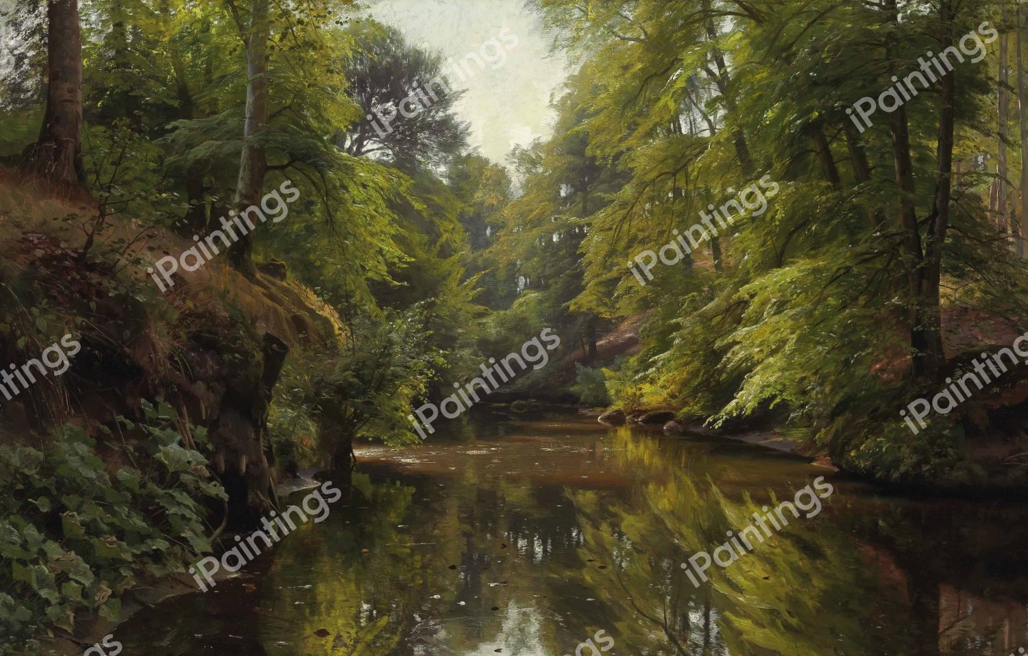 Skovbevoksede River Landscape, 1913. The painting by Peder Mork Monsted
