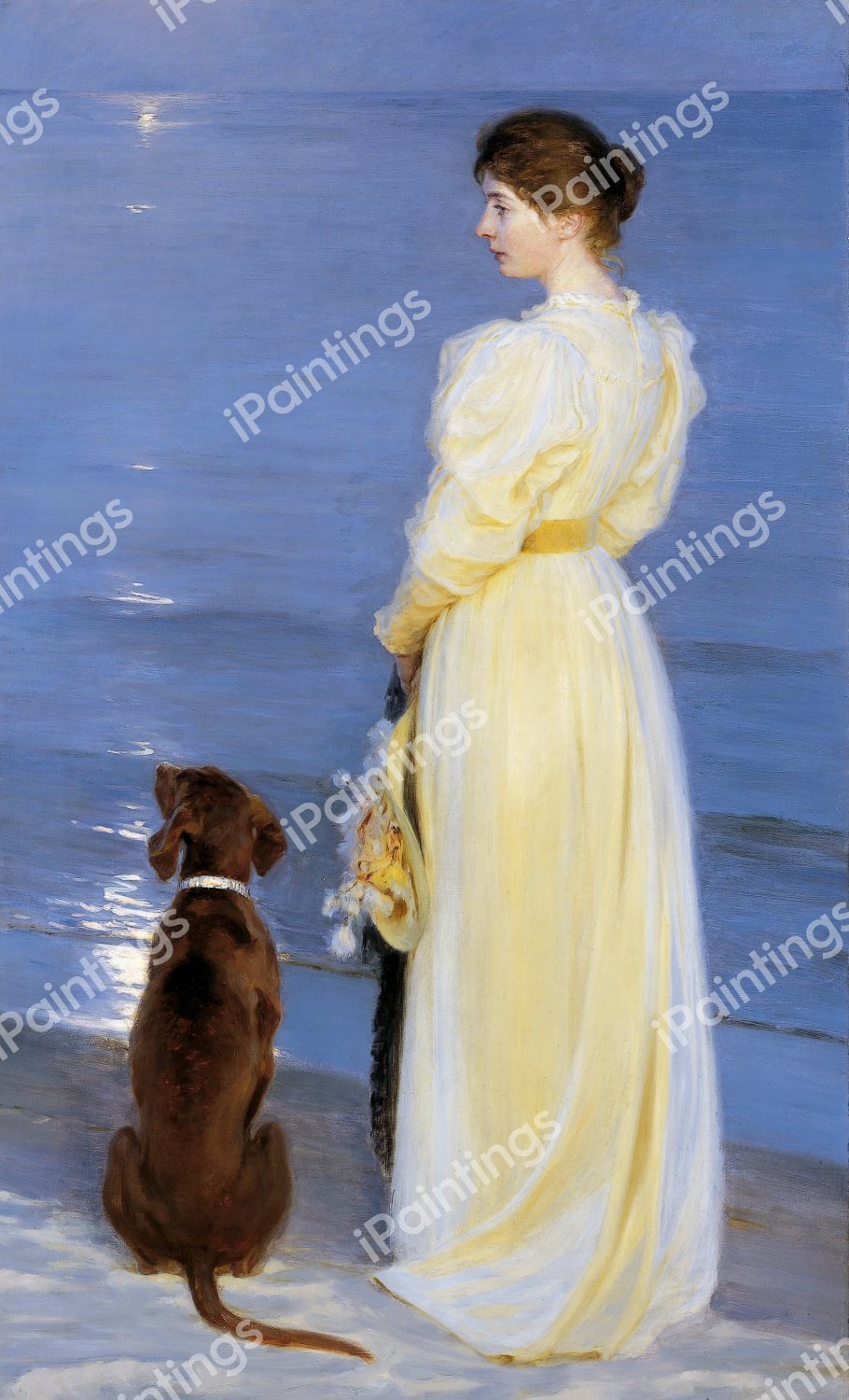 Summer Evening at Skagen: The Artist's Wife and Dog by the Shore. The painting by Peder Severin Kroyer