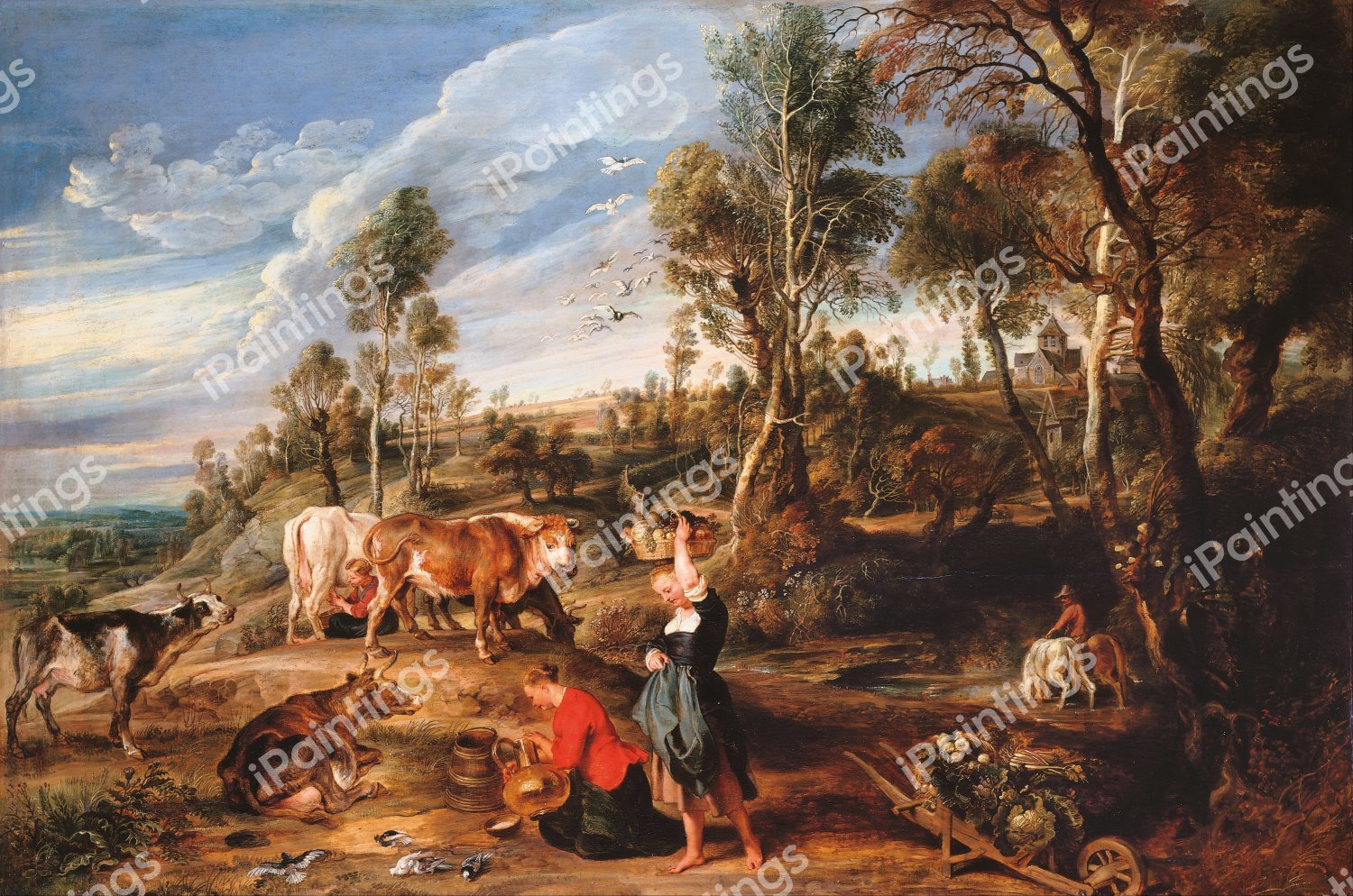 Farm at Laken (Milkmaids with Cattle in a Landscape). The painting by Peter Paul Rubens
