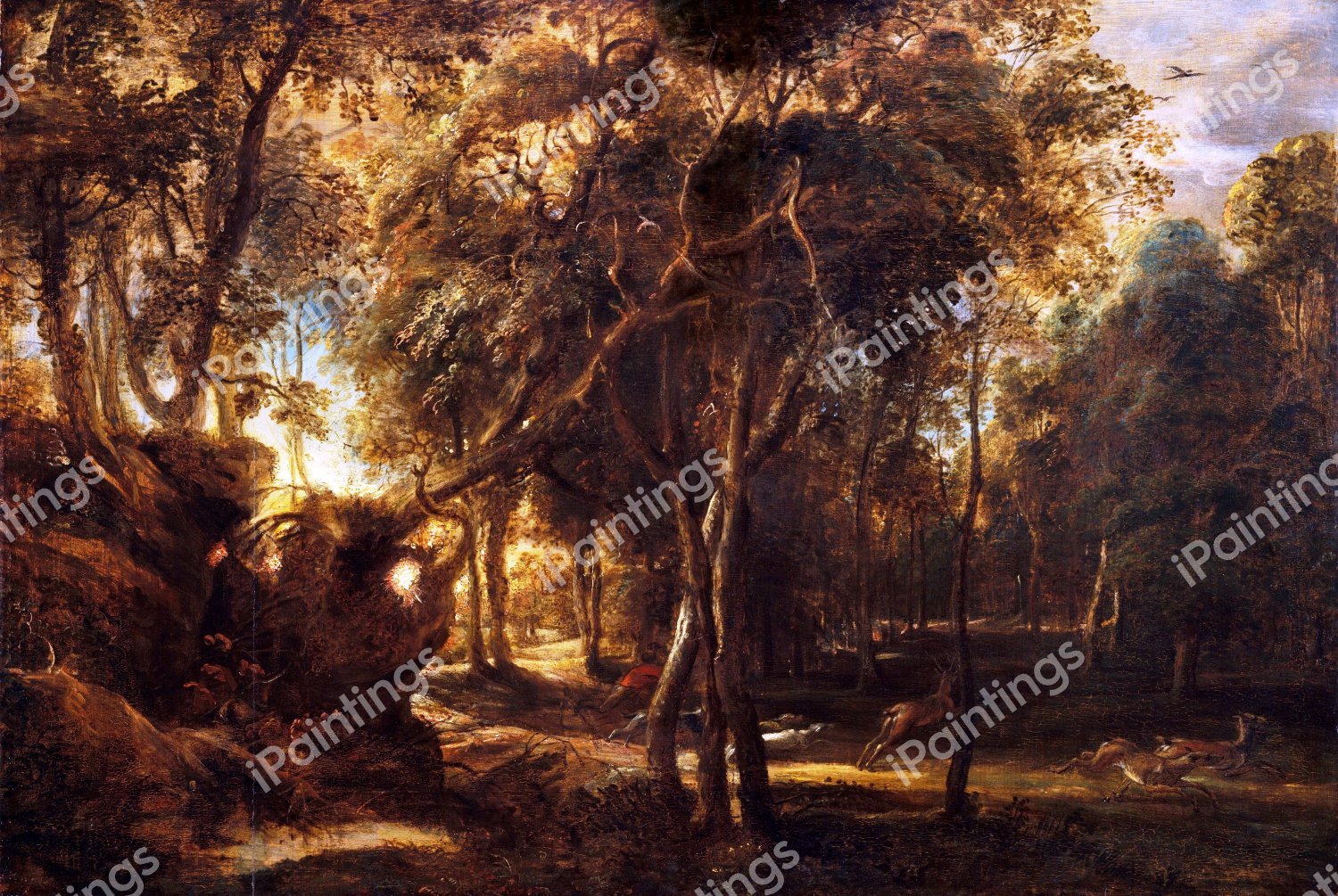Forest at Dawn with a Deer Hunt. The painting by Peter Paul Rubens