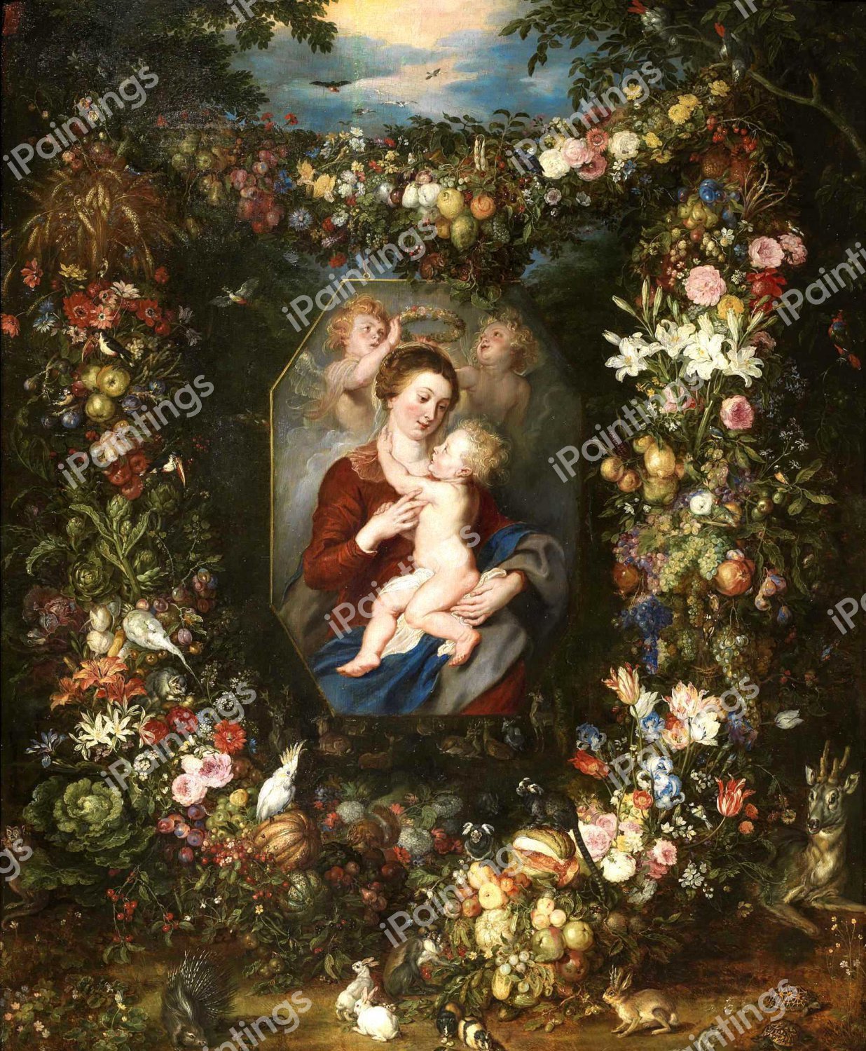 The Virgin and Child Surrounded by Fruit and Flowers. The painting by Peter Paul Rubens