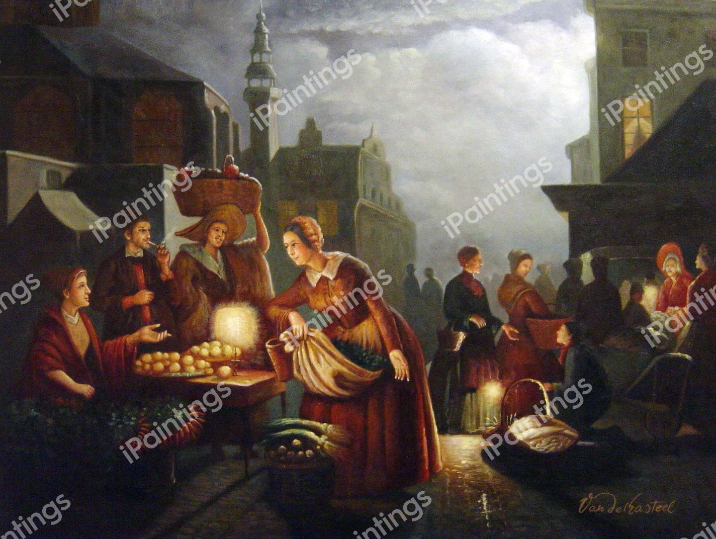 The Candlelit Market. The painting by Petrus Van Schendel