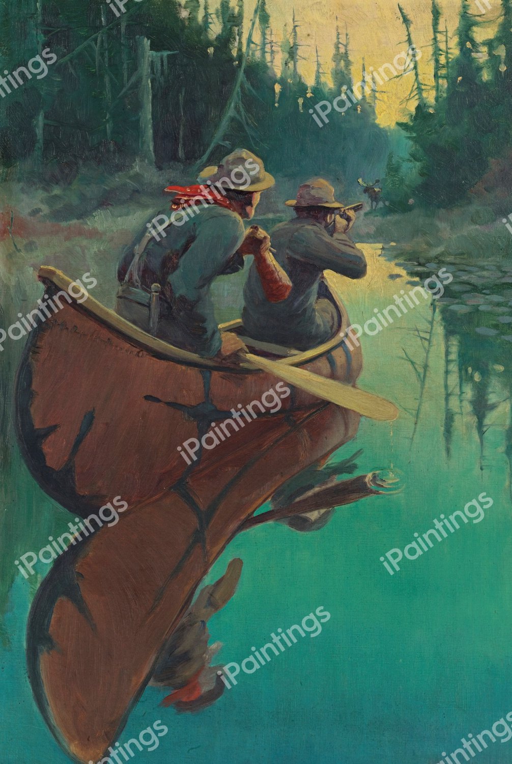 Hunters In A Canoe. The painting by Philip R. Goodwin
