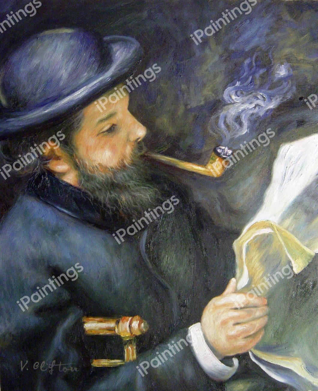 Claude Monet Reading. The painting by Pierre-Auguste Renoir