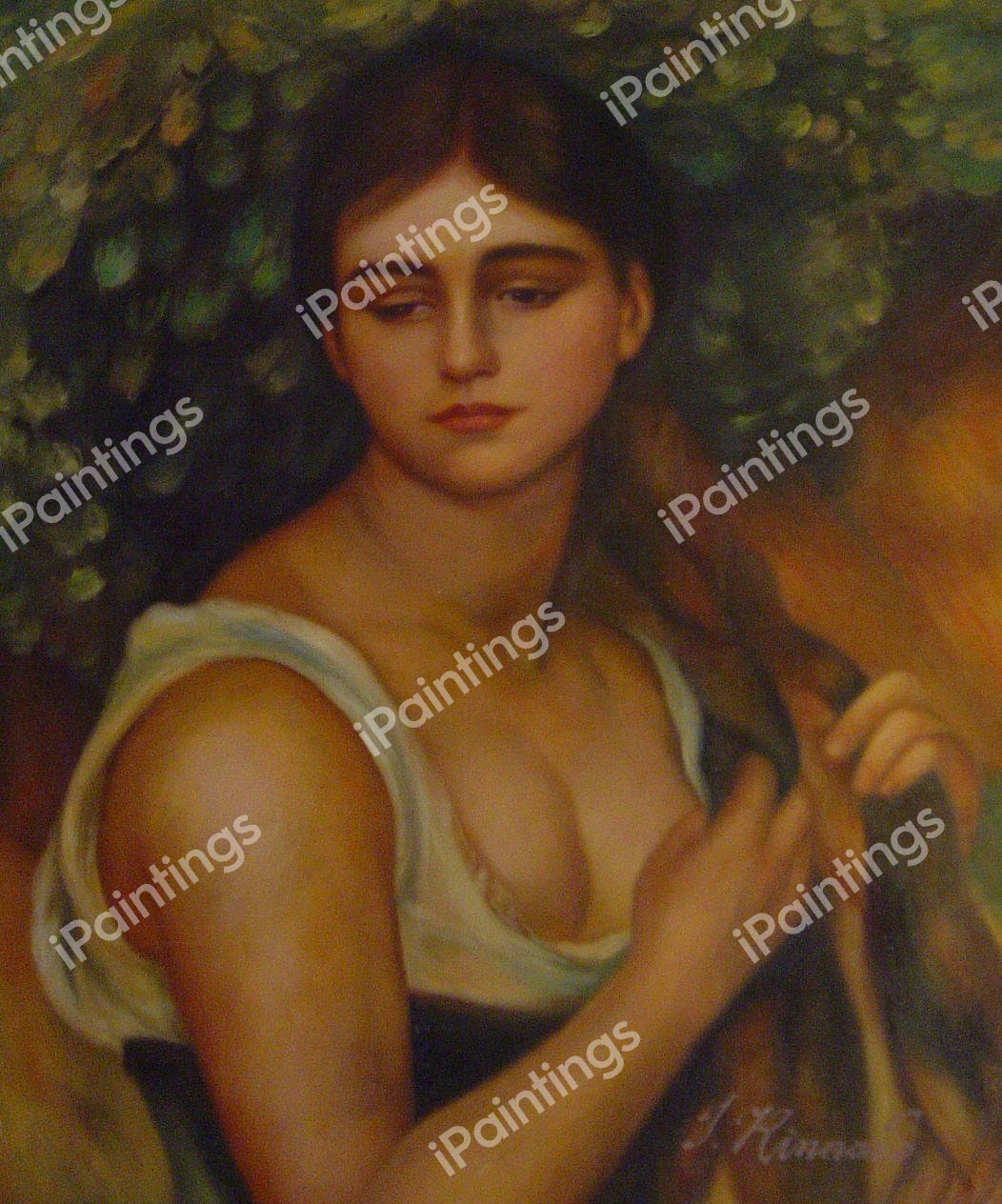 Girl Braiding Her Hair. The painting by Pierre-Auguste Renoir