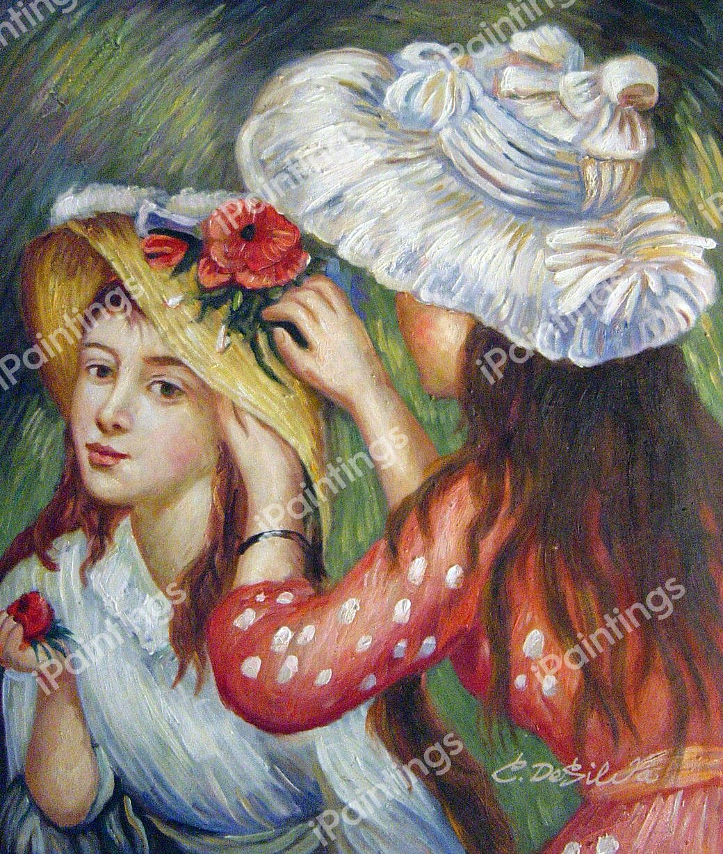Girls Putting Flowers In Their Hats. The painting by Pierre-Auguste Renoir