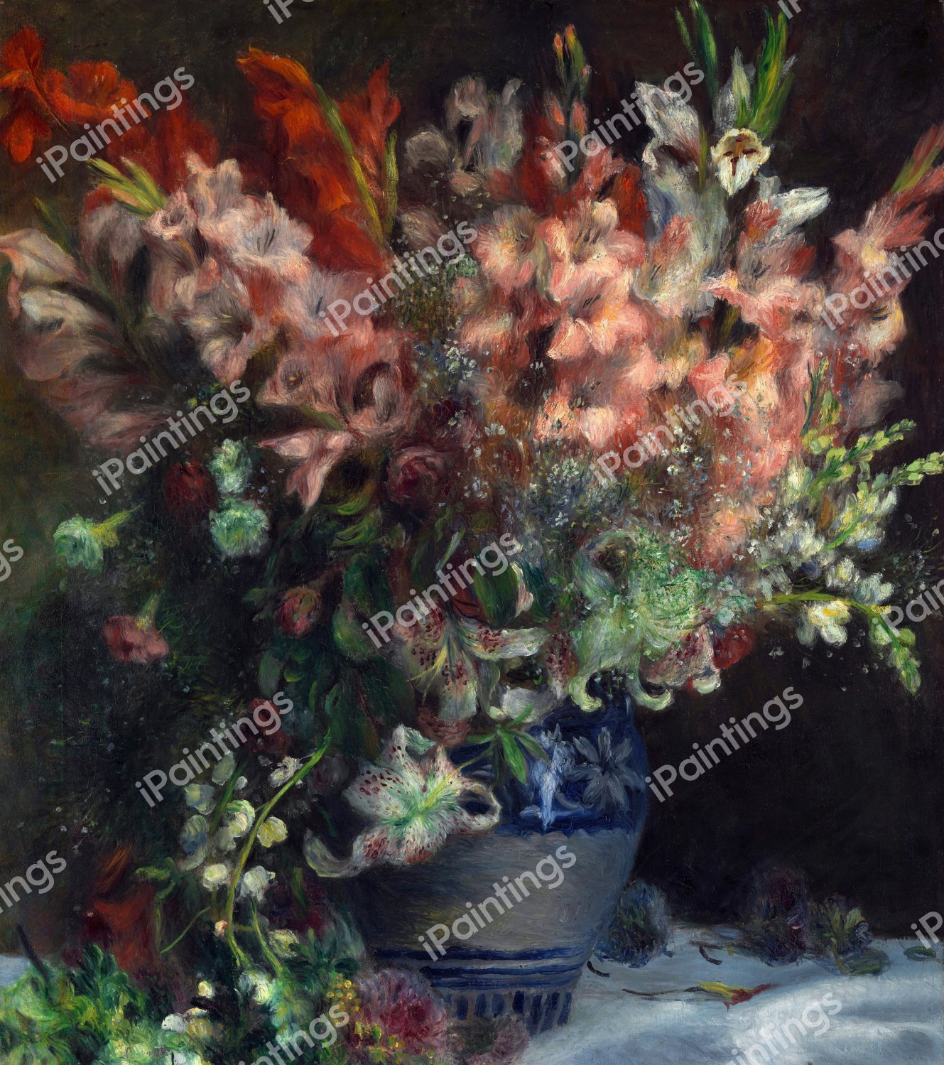 Gladioli in a Vase. The painting by Pierre-Auguste Renoir