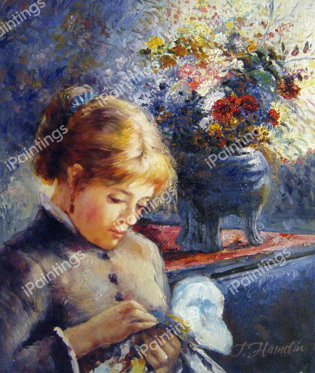 Lady Sewing. The painting by Pierre-Auguste Renoir