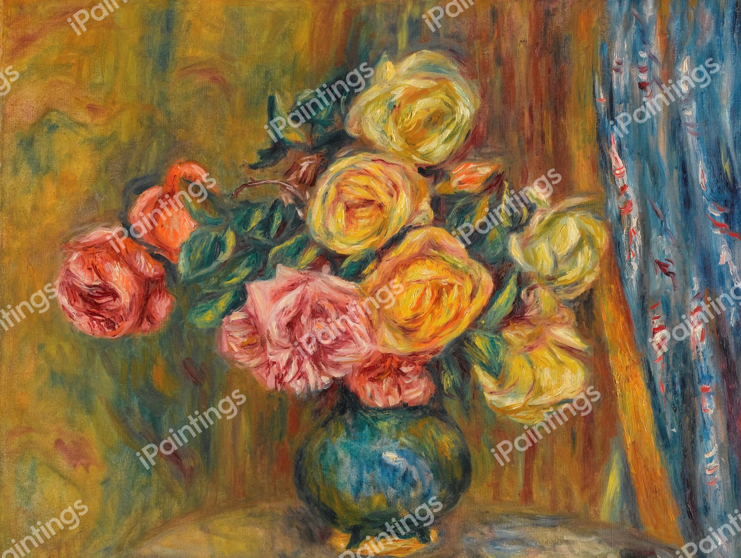 Roses Near the Blue Curtain. The painting by Pierre-Auguste Renoir