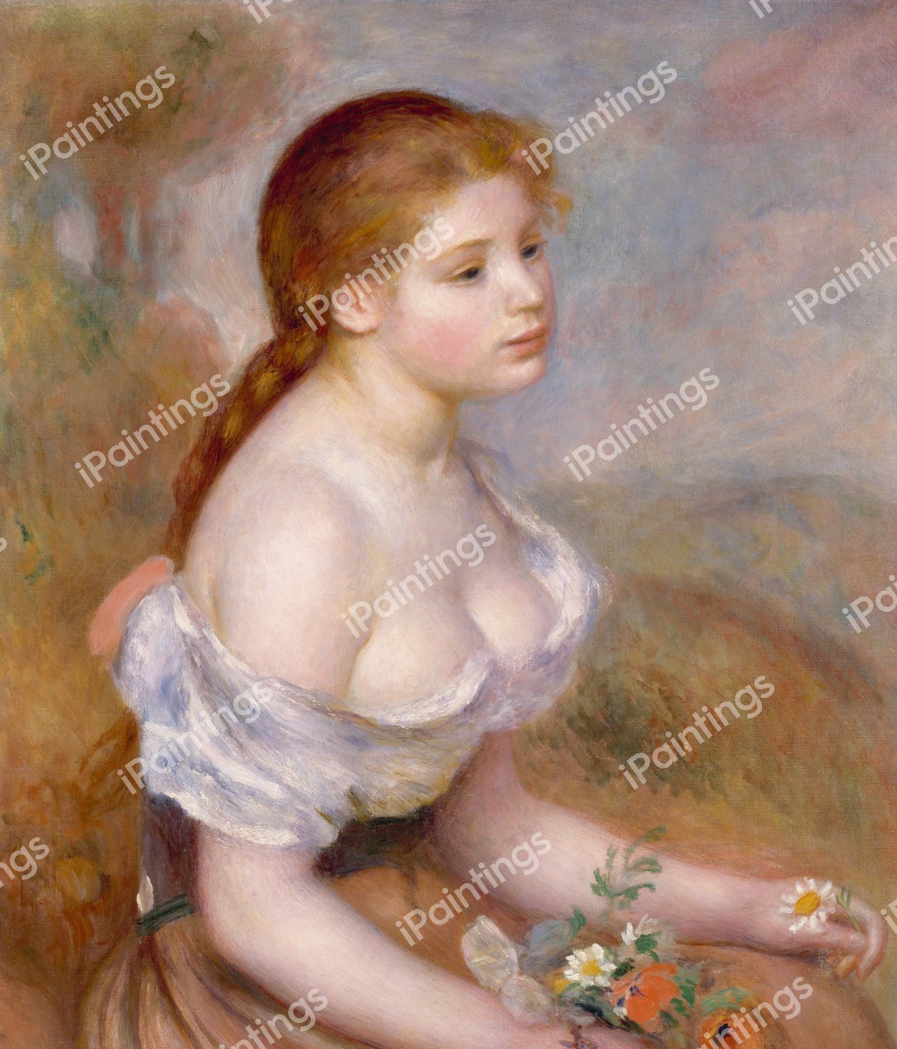 The Young Girl with Daisies. The painting by Pierre-Auguste Renoir