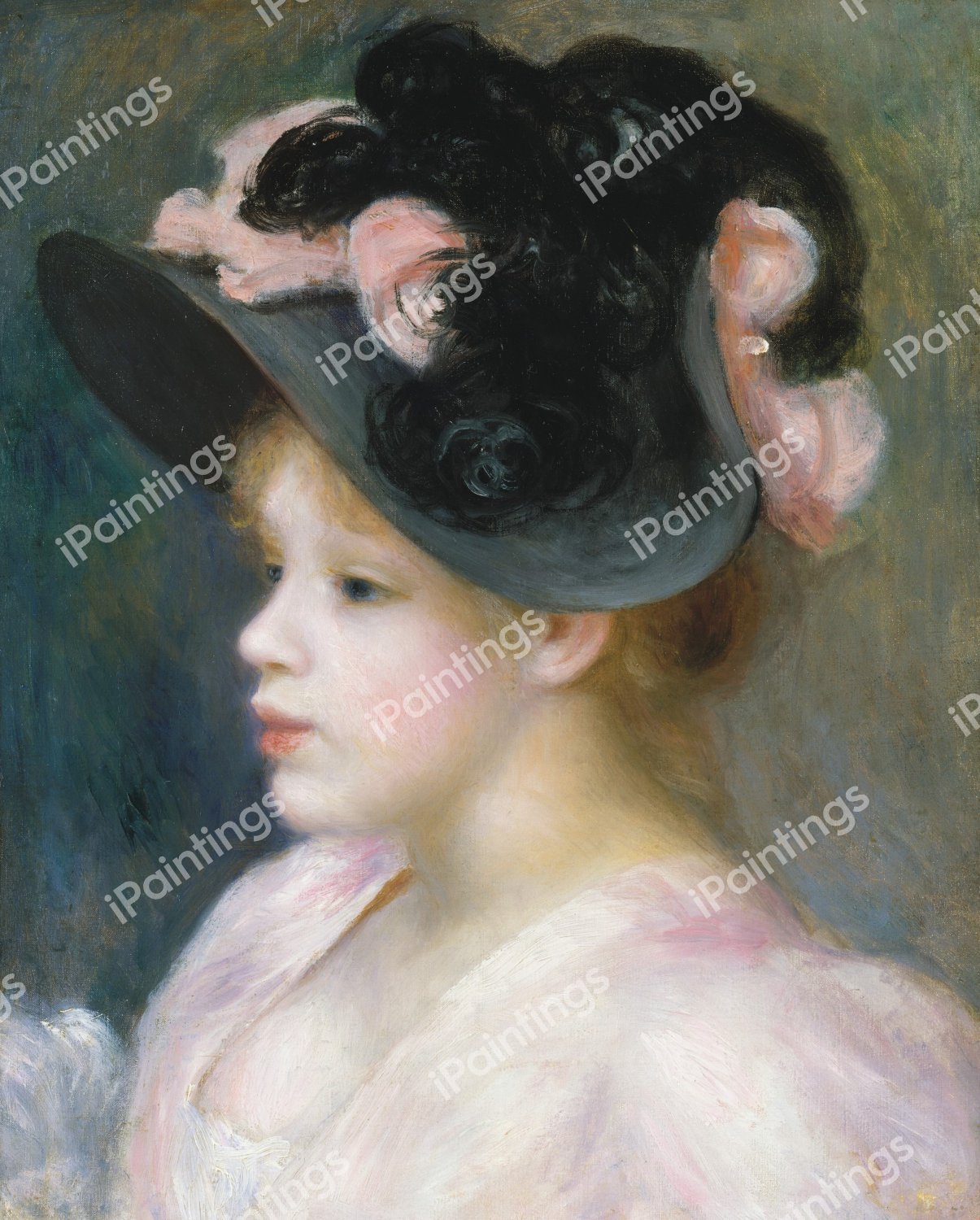 Young Girl in a Pink-and-Black Hat. The painting by Pierre-Auguste Renoir