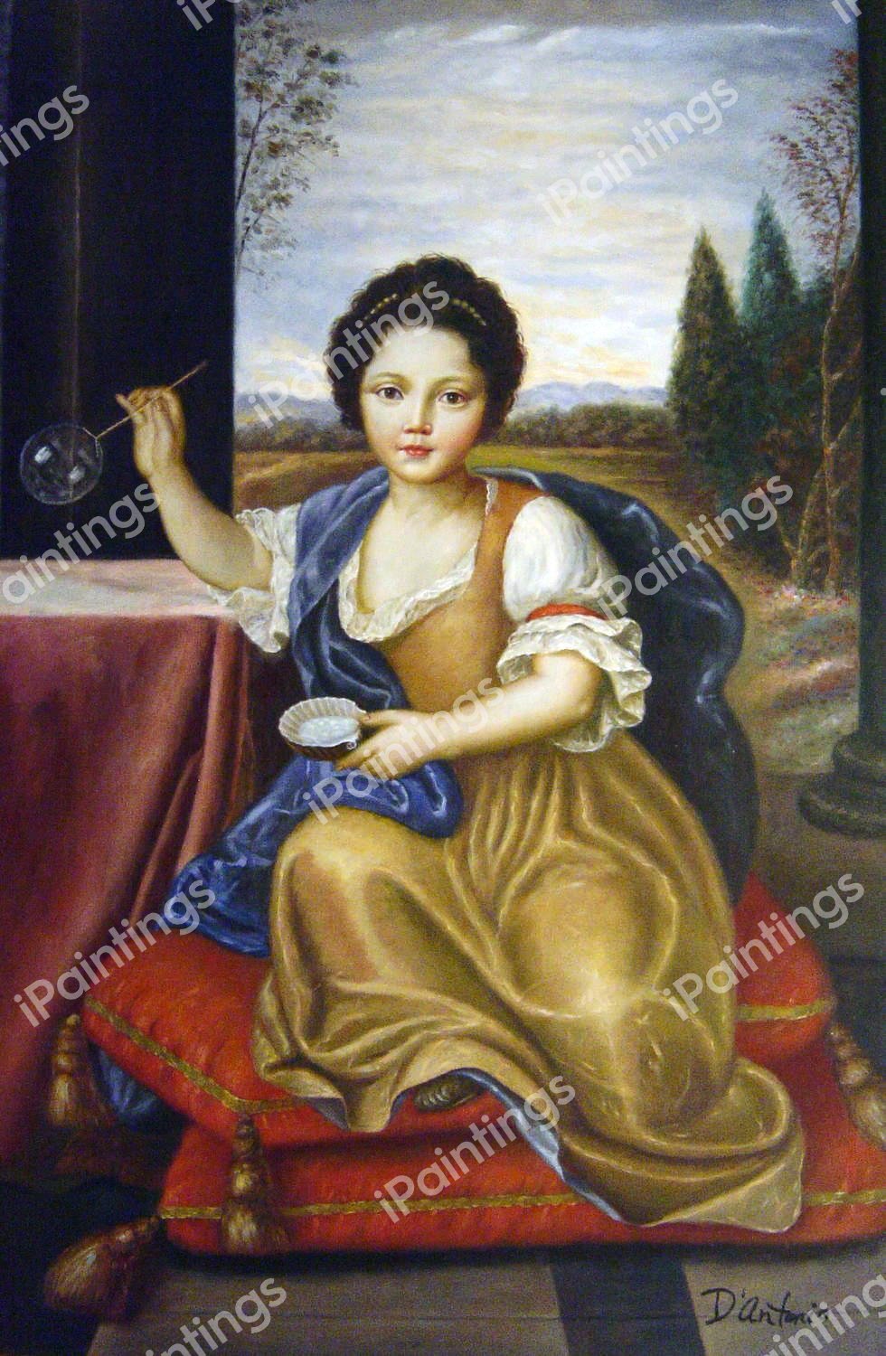 Girl Blowing Soap Bubbles. The painting by Pierre Mignard