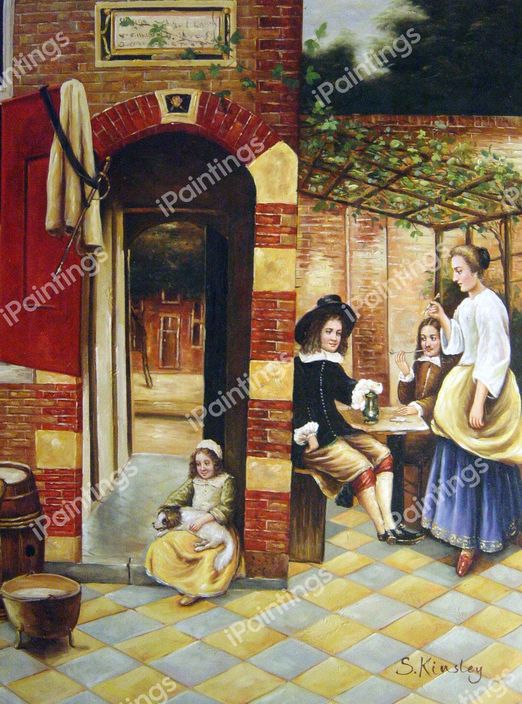 Courtyard With An Arbor And Drinkers. The painting by Pieter De Hooch